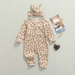 2 Pcs Floral Newborn Rompers Casual Outfits Toddler Flower Print Pit Bar Long Sleeve Round Neck Jumpsuit + Bowknot Headband