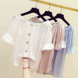 Women Chiffon Blouse Summer Fashion Female Short Sleeve Casual Solid Off Shoulder Thin Shirt Loose Blouses Pullover Tops 210423