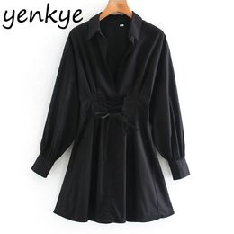 Vintage Black Dress Women Front Drawstring Tie Long Sleeve Lapel Collar Casual Autumn Short Vestido XNGC9824 210514