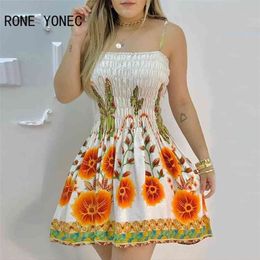 Women Elegant Dress Floral Print Spaghetti Strap Shirred Casual Summer Mini 210623
