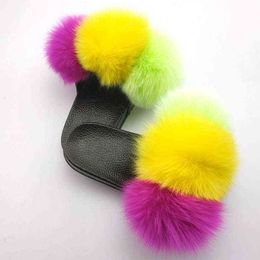 NXY Slippers Real Fox Fur Women Shoes Colorful Fluffy ry Sandal Soft Flat s Fuzzy Plush Slipper for Kid 220127