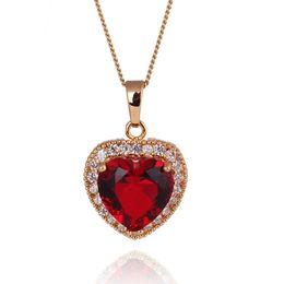 Red Cubic Zircon Romantic Women Girl Heart Pendant Chain Necklace 18k Yellow Gold Filled Jewellery Gift