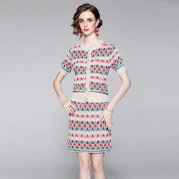Geometry Knitted Women's Sets Single Breasted Female Sweater Top And High Waist Mini Skirt Lady Suit 210529