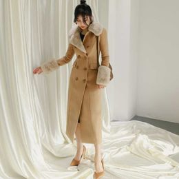 Winter Fashion Plus Size Woollen Cotton Brown Ankle-length Fur Coat Women 210930