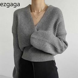 Ezgaga Office Lady Criss-Cross V-Neck Sweater Pullover Women Chic Warm Solid Long Sleeve Loose Ladies Tops Knitwear Jumper 210430