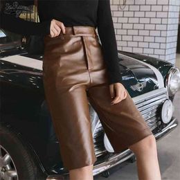 Plus Size British Style Autumn Winter Women PU Leather Short Casual Straight Overalls High Waist Motor Five Point Trouser 11334 210521
