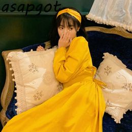Autumn O Neck Puff Long Sleeve Yellow Dress Women Retro Casual Loose Lace Up Waist Temperament Chic Korean Vestido Feminino 210610