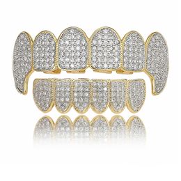 Gold Shiny ICED OUT Teeth Grillz Rhinestone Top&Bottom Grills Set Hip Hop Jewelry