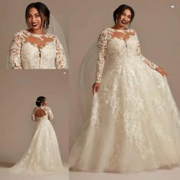 Gorgeous Long Sleeves Wedding Dresses Bride Gown 2022 Tulle Lace Applique Sweep Train Custom Made Plus Size Scoop Neckline Backless Covered Buttons vestido de novia