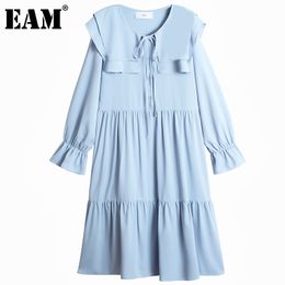 [EAM] Women Green Pleated Big Size Midi Dress Double Layer Collar Long Sleeve Loose Fit Fashion Spring Autumn 1DD5982 21512