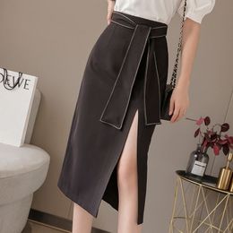 Spring Summer Simple Korea Style Elegant Slit High Waist Midi Skirts Woman Sashes Design Package Hip Skirts Office Pencil Skirts X0428