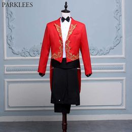 Mens Gold Embroidery 4 pcs Red Tuxedo Suit (Jacket+Pants+Blet+Tie) Brand Conductor Magician Pianist Prom Tailcoat Suit Men Terno X0909