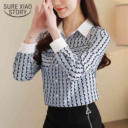 Korean Long Sleeve Striped Turn-down Collar Fashion Slim Blouses Chiffon Shirts Women Casual Ladies Tops Cardigan 8469 50 210417