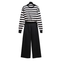 Women O Neck Knitted Pullover Sweatshirt Black Grey Striped Full Length Wide Leg Pants Two Piece Set Elastic T0312 210514