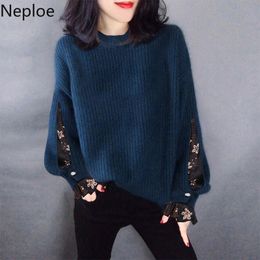 Neploe Patchwork Fake Two Woman Sweaters Winter Clothes Loose Knitted Pullovers Sueter Mujer O-neck Long Sleeve Jumper Coat 210422