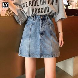 LY VAREY LIN Spring Summer Women High Waist Mini Denim Skirts Casual Fashion Button Loose Blue A-line 210526