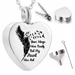 Fashion heart-shaped wild goose feather pattern cremation pendant necklace ashes urn keepsake -your wings were ready but my heart was not