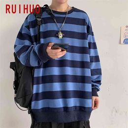 RUIHUO Hip Hop Striped Sweatshirt Men Japanese Streetwear 's Fashion s For Clothing 5XL Spring 210813