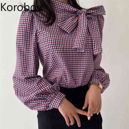 Korobov Stand Collae Bow Knot Lace Up Plaid Shirts Women Korean Elegant Vintage Puff Sleeve Blousa Female Casual Retro Blusas 210430
