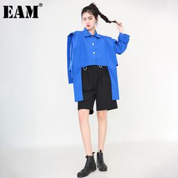 [EAM] Loose Fit Blue Ribbon Short Big Size Jacket Lapel Long Sleeve Women Coat Fashion Spring Autumn JH36005 210512