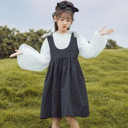 teenager outfit Canada - Clothing Sets Autumn 2021 Teenager Girls Outfits White Shirts Tops + Black Sleeveless Dress Set For Girl Puff Sleeve Clothes Suit