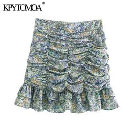 KPYTOMOA Women Chic Fashion With Ruffled Pleated Printed Mini Skirts Vintage High Waist Back Zipper Female Skirts Mujer 210721