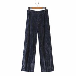Vintage Women Dark Blue Straight Velvet Pants Spring Autumn Fashion Ladies High waist Trousers Female Casual Draped 210515