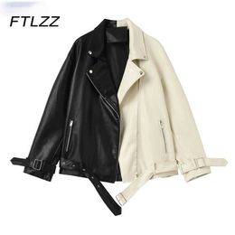 Women Bike Moto Jacket Spring Autumn Loose Oversize Faux Leather Coat Woman Patchwork Color Black White PU Outwear Fall 211011