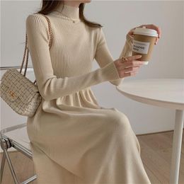 Casual Dresses 2021 Trend Fashion Thickening Autumn And Winter French Style Retro Half High Collar Bottom Knit Dress Children God Fan Wide