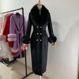 Design Winter fashion women Woollen coat high imitation big fox fur collar black cashmere coat female double breasted slim outwea