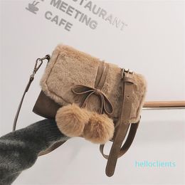 Cross Body Winter Sweet Chic Fluffy Bag Women Messenger Red Brown Fur Bow Lolita Bags Female Mini Small Leather Suede