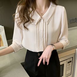 Peter Pan Collar Pullover Shirt Women Summer Tops Half Sleeve Casual Woman Clothes Button Chiffon Blouse Chemisier Femme Clothes