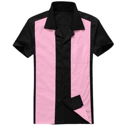 Plus Size Men's 50s Male Clothing Short Sleeve Pink / Black Patchwork Rockabilly Style Casual Cotton Blouse Mens Bowling Shirts 210527