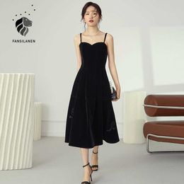 FANSILANEN Floral embroidery velvet black party dress Women sleeveless strap elegant club christams Female long sexy 210607