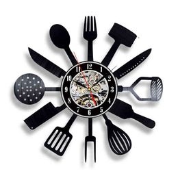 Vinyl Record Wall Clock Modern Design Decorative Kitchen Knife and Fork Kitchen Hanging Clocks Wall Watch Home Decor Silent H1230
