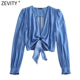 Zevity women vintage V Neck long sleeve hem knotted casual short smock chic blouse ladies retro crop femininas shirt tops LS6995 210603