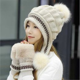 Female Winter Knitted Hat Casual All-match Sweet Lovely Rabbit Fur Knit Women Warm Knitting Cap+Glove 211119