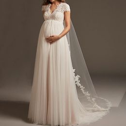 Vestido Noiva Böhmischen Tüll Spitze Schwangere Hochzeit Kleid Cap Sleeve Open Back Mutterschaft Brautkleid Für Robe De Mariee