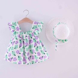 Baby Dress Summer Sleeveless Female Floral Print Princess Toddler Infant Girl Cute With Hat 1-4Y 210515