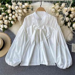 Spring Autumn Temperament Fashion Shirt Women Fold Loose Lantern Sleeve Stand-up Collar Sweet Bow Top UK867 210506