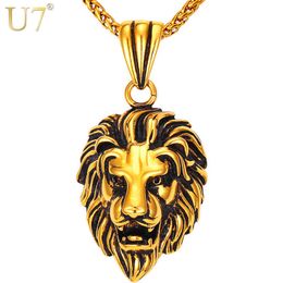 U7 Black Lion Charms Necklace Rock Punk Style Men/Women Retro Jewelry Gold Color StainlSteel Chain Necklace & Pendant P807 X0707