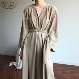 Long Dress Spring Summer Dresses Fashion Women Lace Up Casual Buttons Fashionable V-neck Vintage Oversize Long Dress 210527