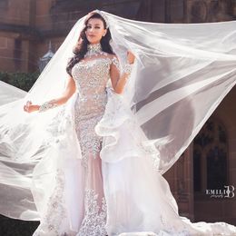 Gorgeous Plus Size Luxury Mermaid Wedding Dresses Gowns Crystals Beaded Applique Long Sleeves Sexy Dubai Arabic with Overskirt Bridal Dress robes de mariée