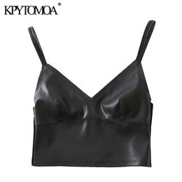 KPYTOMOA Women Sexy Fashion Faux Leather Patchwork Cropped Tank Tops Vintage Backless Thin Straps Female Camis Mujer 210407