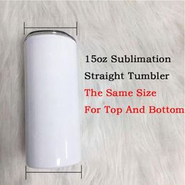 DIY 15oz Sublimation Blank Skinny Tumbler Stainless Steel Straight Cup With Plastic Straws Double Wall Coffee Mugs Vacuum Insulated Water Bottle