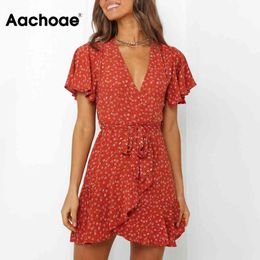 Aachoae Summer Women Floral Print Ruffle Mini Dresses Boho V Neck Wrap Dress Casual Short Sleeve Beach Sundress Vestidos 210413