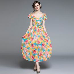 V Neck Puff Sleeve Spaghetti Strap Dress Summer Women Flower Print Bohemain Draped Elegant Beach Maxi Dress With Belt 210514