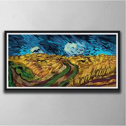 Van Gogh-Wheat field with crows flying Handmade Cross Stitch Craft Tools Embroidery Needlework sets counted print on canvas DMC 14CT /11CT