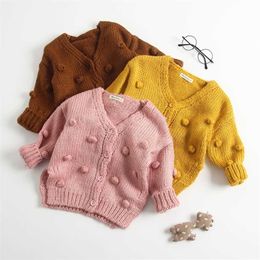 Pudcoco US Stock Fashion Autumn Winter 1-3 Years Toddler Baby Girl Sweater Warm Knitting Solid 3D Ball V-Neck Jackets 211204