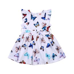 Girls Summer Dress Cute Sleeveless Round Neck Butterfly Print Belted Ruffle Dress Q0716